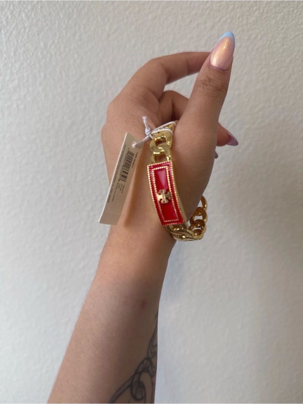 Tory Burch Gold Chain Bracelet with Red Enamel Link